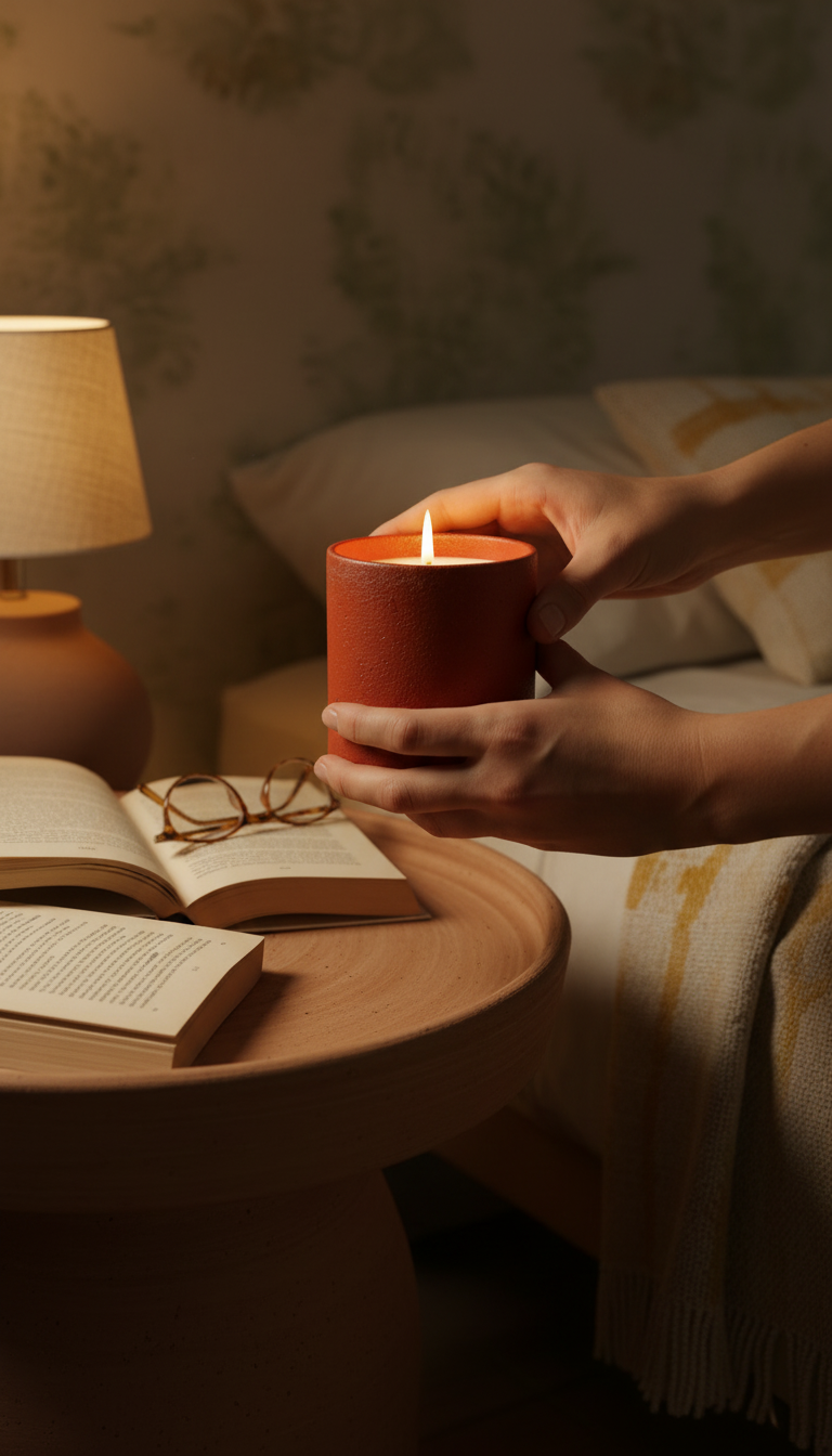 Rust Red Campfire Candle in use