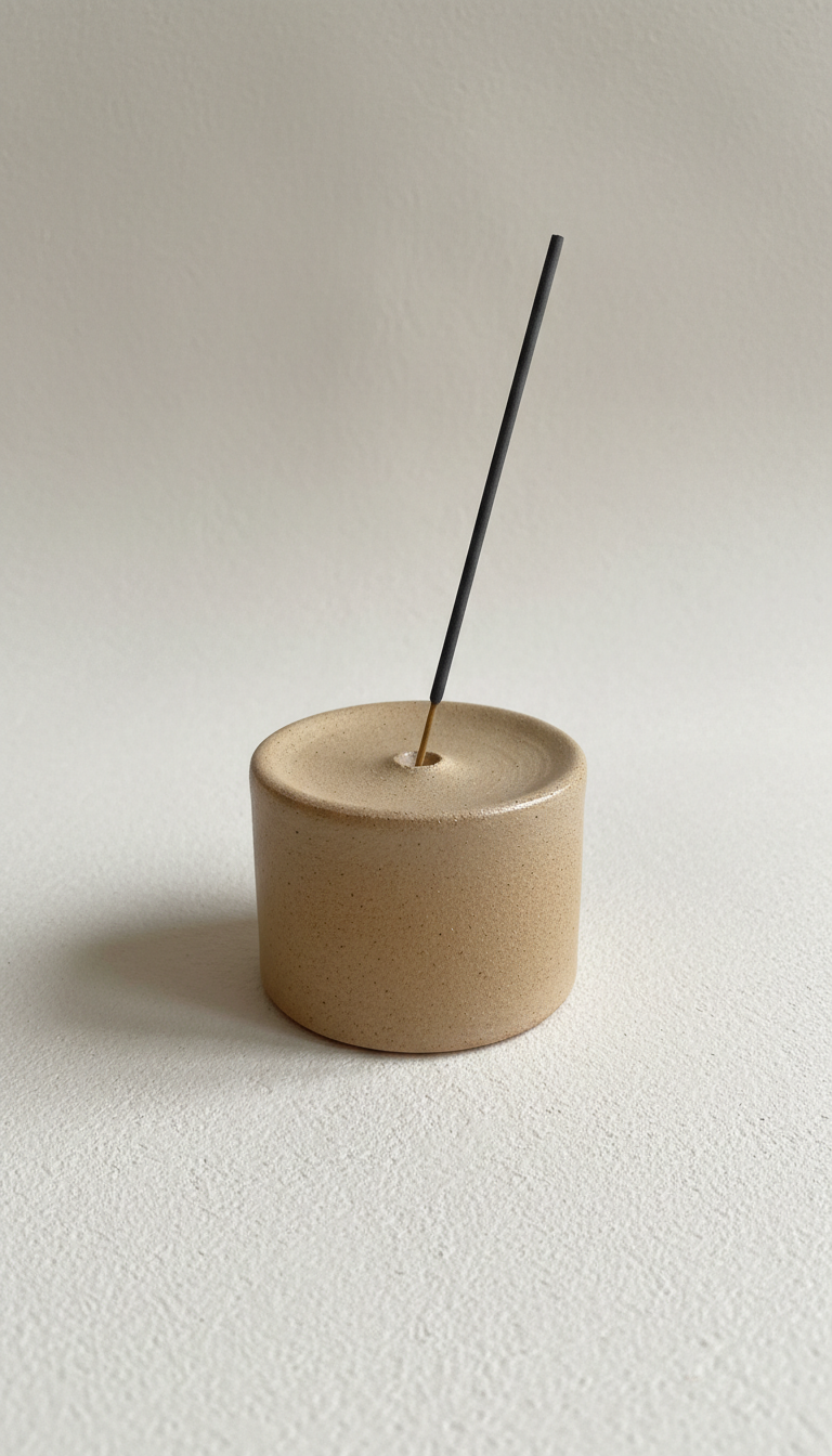Minimalist stoneware incense holder, 3/4 angle as default to showcase both form and surface detail; objects placed with...
