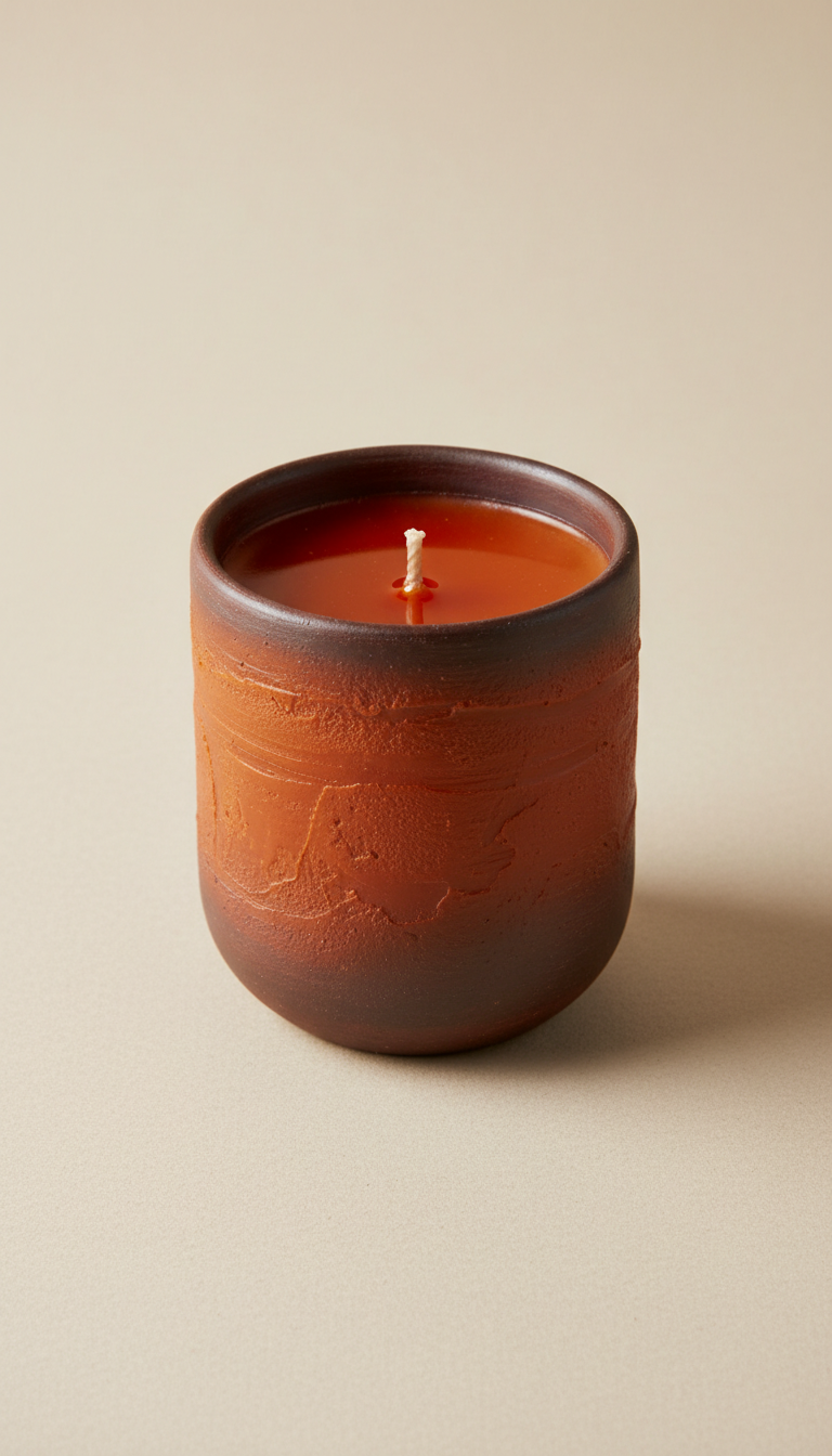 A product shot featuring a deep orange soy candle from Artisan Glow, perfectly centered on a minimalistic background. The...