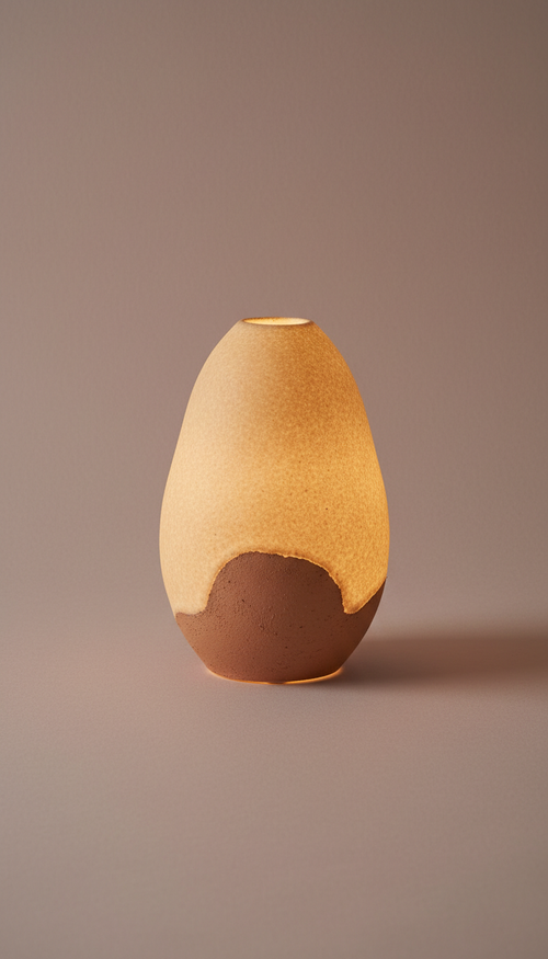 Artisan night lamp, perfectly centered on a subtle, textured surface in Pale Blush. The product is illuminated with soft,...