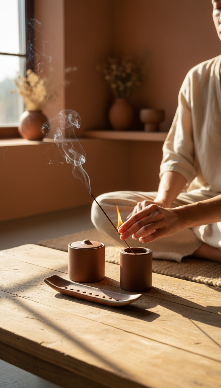 Burnt sienna incense set in use
