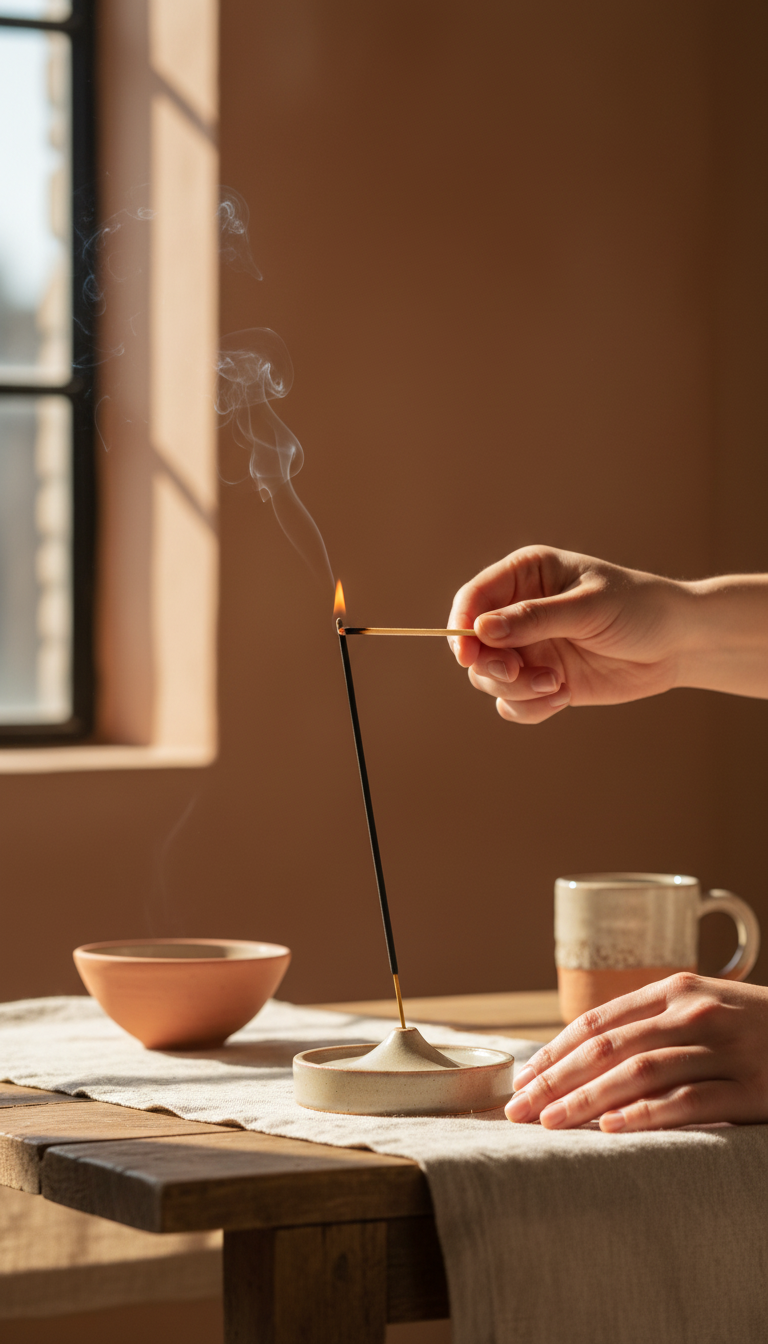 Incense Sticks with Glazed Ceramic Holder in use