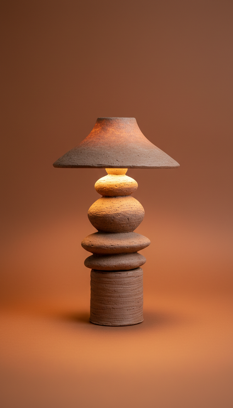 A handcrafted ceramic table lamp, perfectly centered on a warm clay background. The lamp is illuminated with soft, with a...