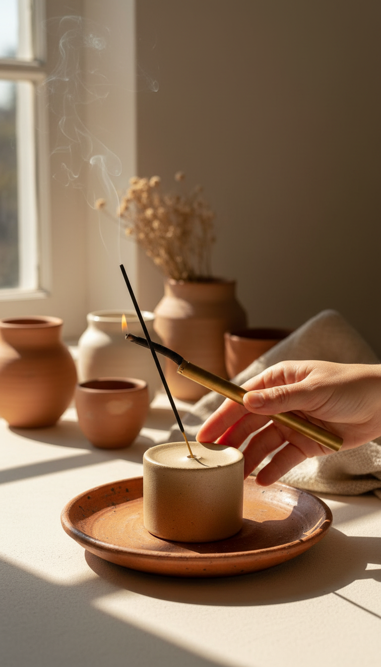 Minimalist Stoneware Incense Holder with Ash Well in use