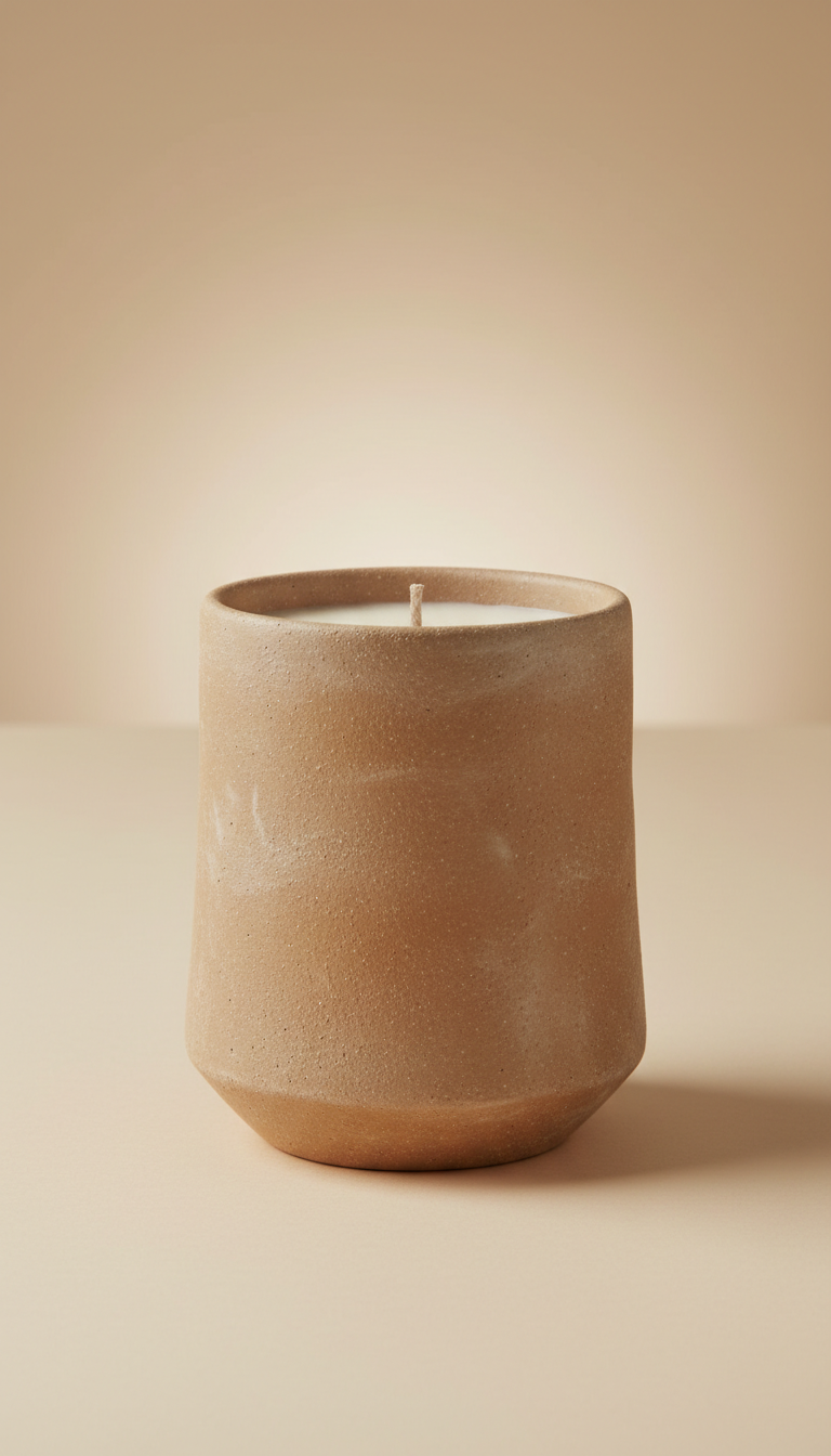 Earth Clay Scented Candle, 3/4 angle as default to show candle label and vessel shape elegantly, placed on matte neutral...