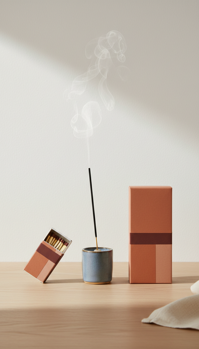 Designer matchbox and matte textured packaging in Urban Terracotta and Muted Rose., Hero angle is 3/4 frontal at table-top...