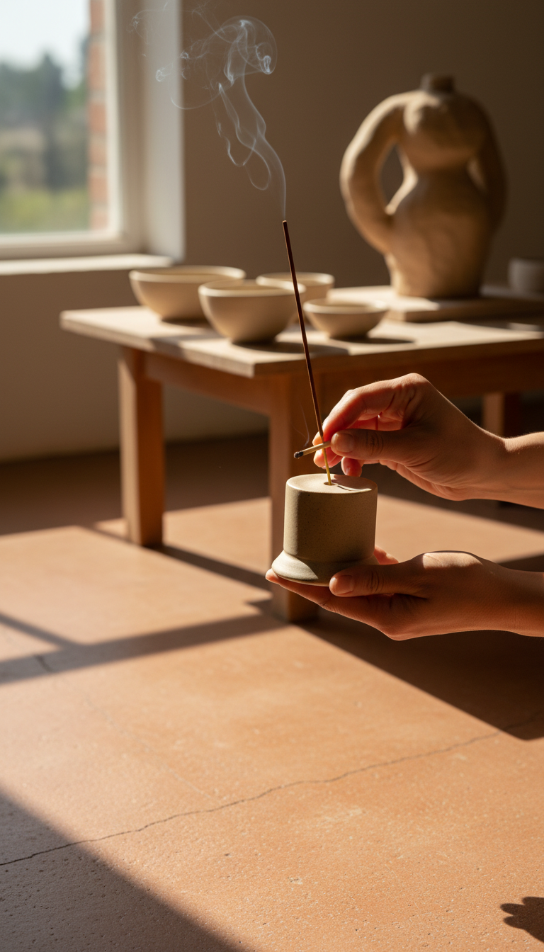Beige ceramic incense holder with natural incense in use