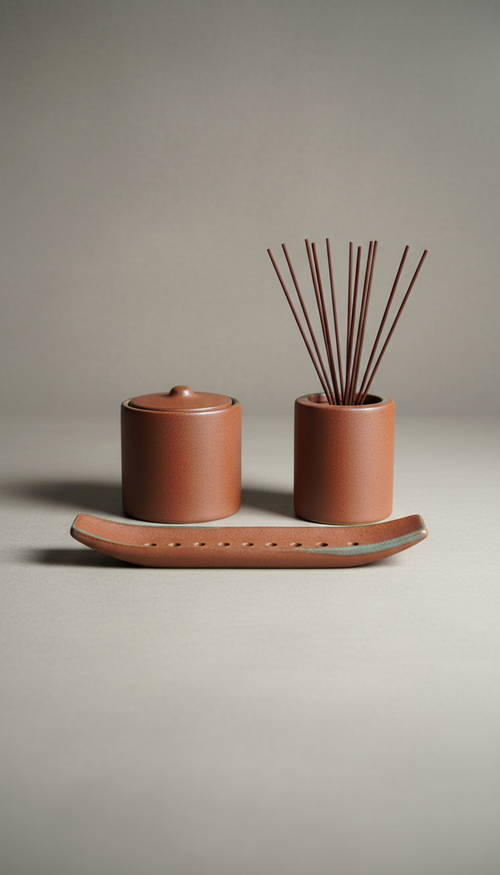 Burnt Sienna Incense Set, Default: single object or kit at 3/4 angle on a neutral-matte Concrete Gray surface; ample...