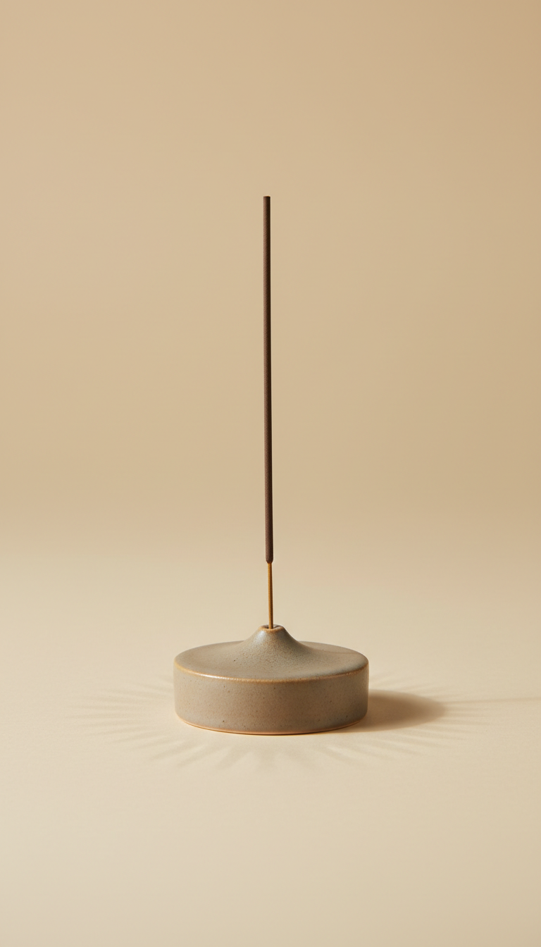 Incense sticks in minimalist holder, Product shots: elevated 3/4 angle on neutral-warm textured backgrounds (linen drape...