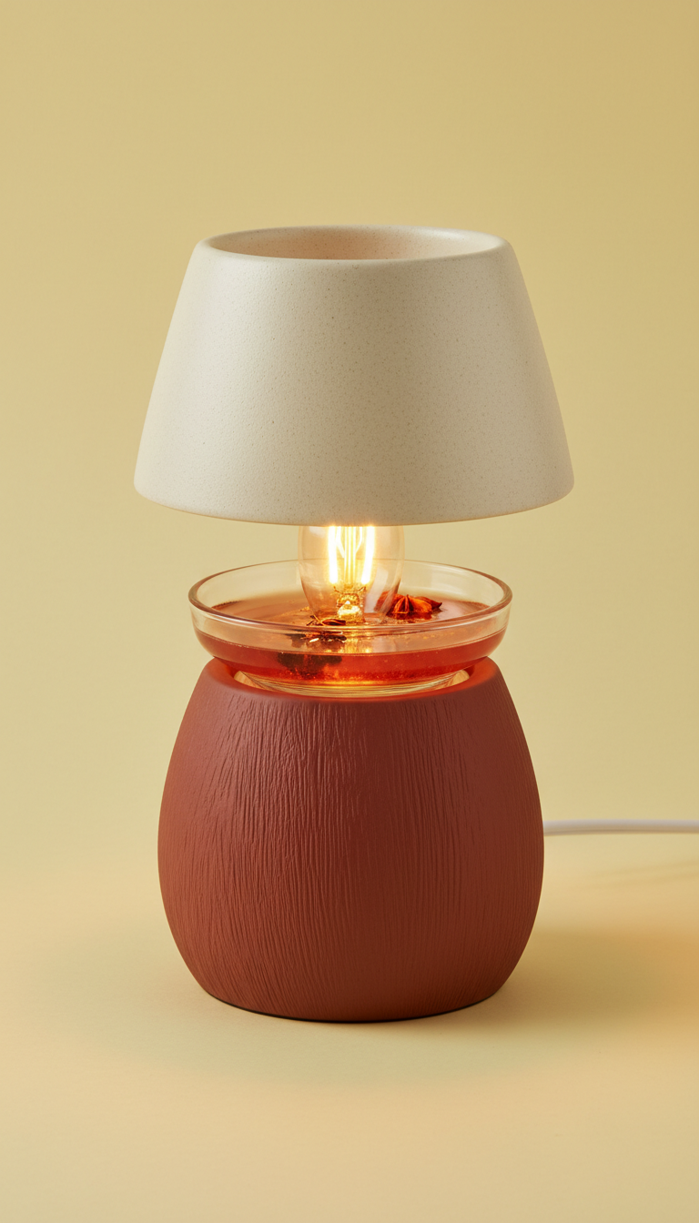 A Chestnut Spice candle warmer lamp perfectly centered in the frame, captured with a 50mm lens. The background is a softly...
